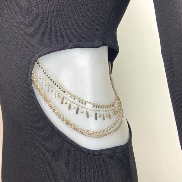 NEW Zara Black Cutout Waist Gold Chain Long Sleeve Midi Sweater Bodycon Dress L - Picture 6 of 9